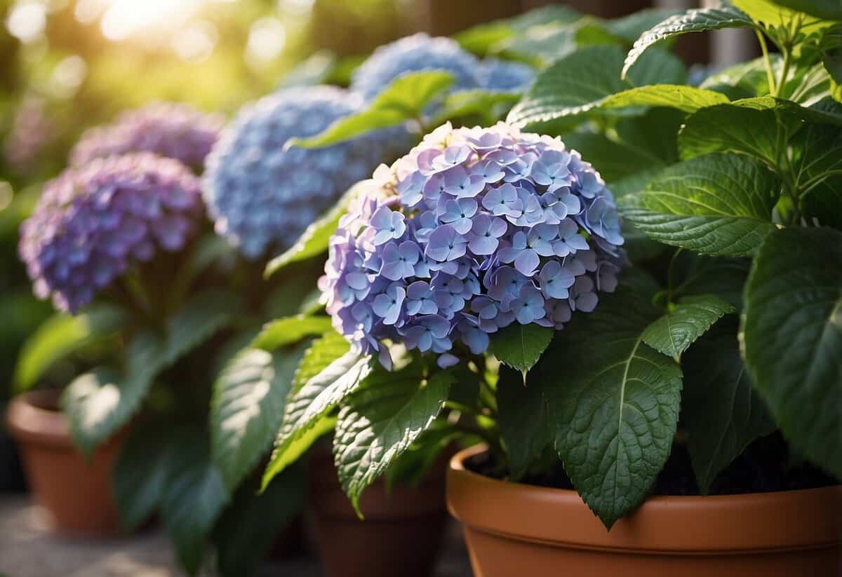 A lush hydrangea plant thrives in a decorative pot, surrounded by other vibrant potted plants. The sun shines down, illuminating the lush greenery