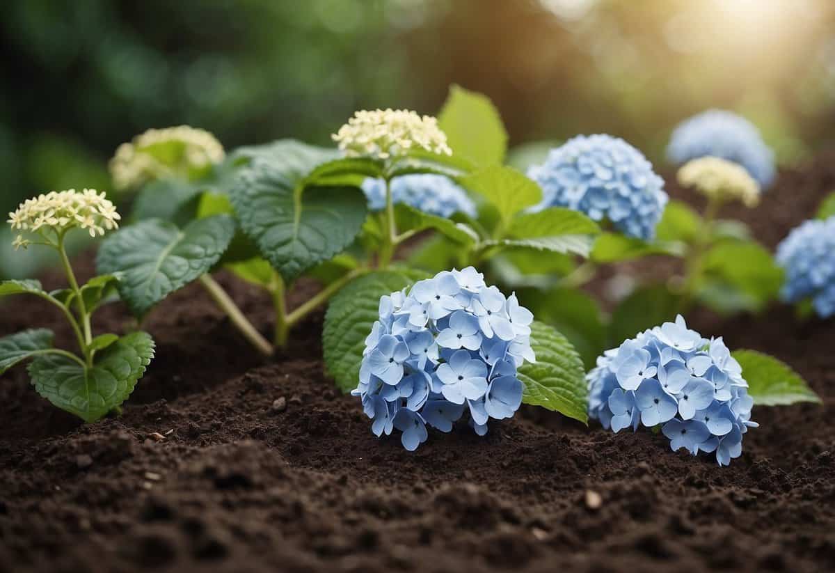 Hydrangeas being planted in the ground, soil scattered, spade nearby