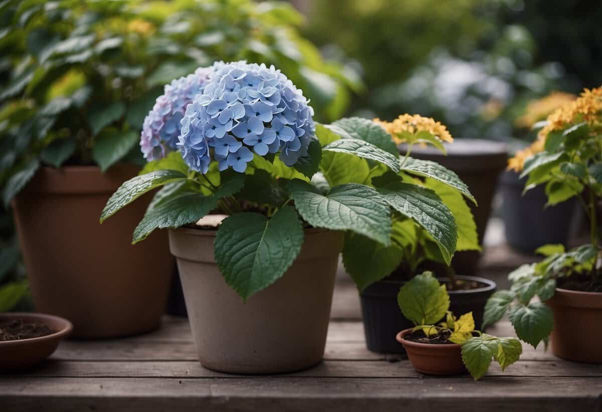 A potted hydrangea sits on a patio, surrounded by fallen leaves. A gardener inspects the plant, considering whether it should be overwintered in a pot or planted in the ground