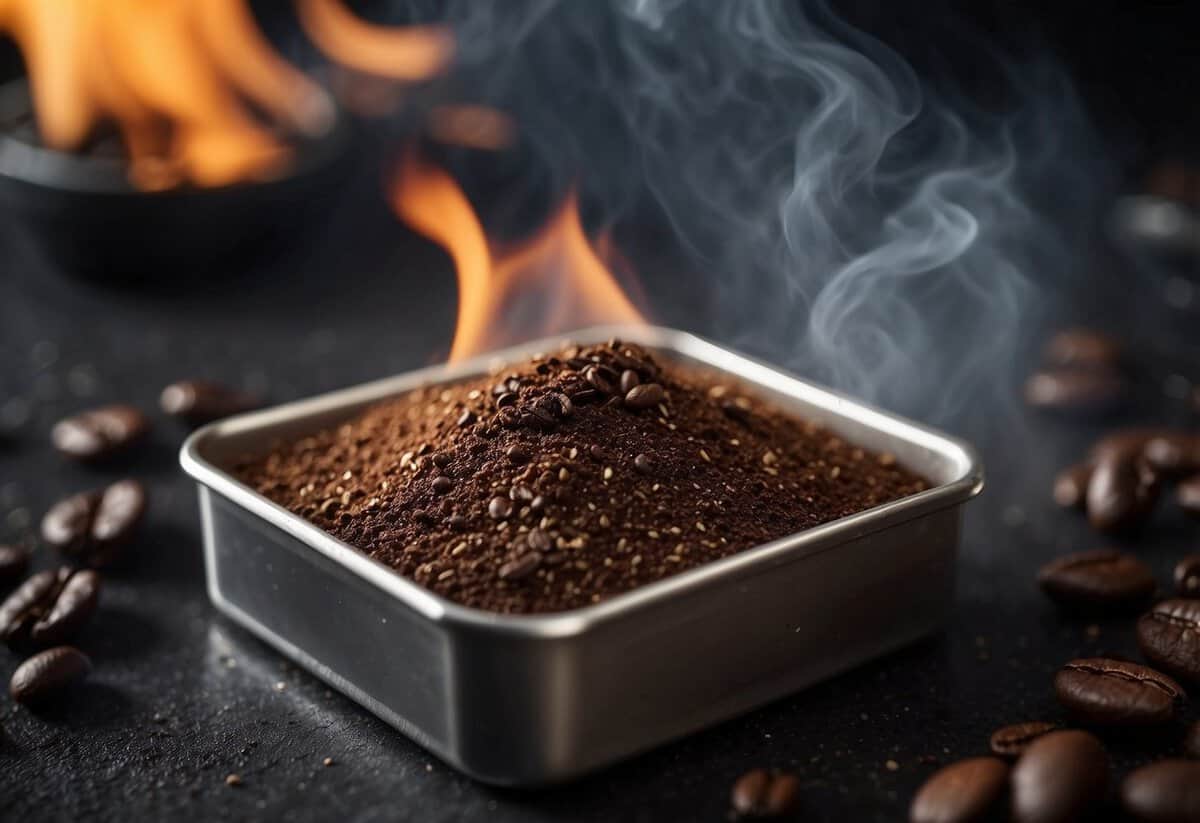 Coffee grounds burning in a metal container, smoke rising, bugs avoiding the area