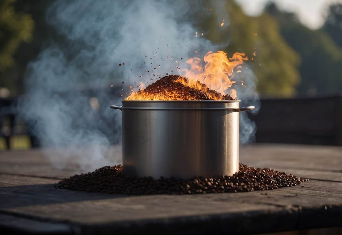 Coffee grounds burning in a metal container, emitting smoke. Bugs are seen flying away from the area