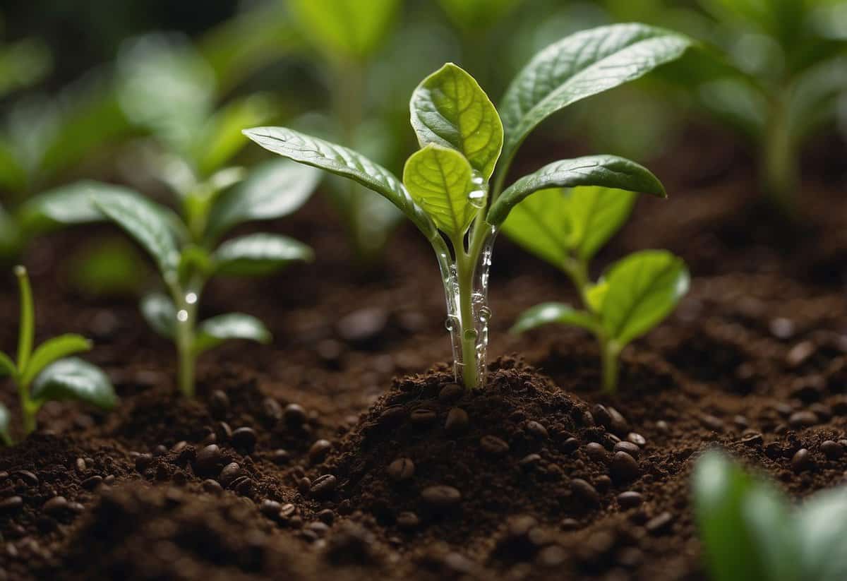 Coffee drips onto soil, enriching it with nutrients. Plants thrive with deeper green leaves and larger, more vibrant blooms