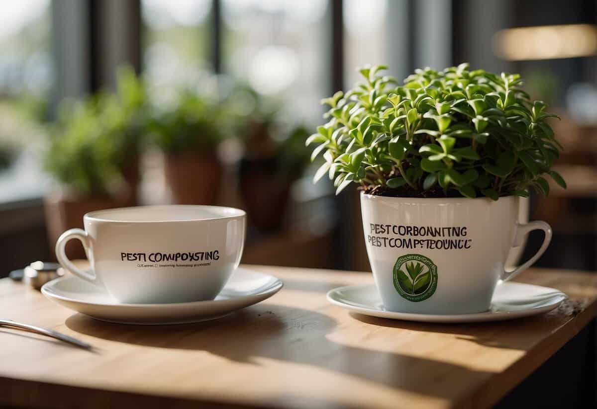 A plant surrounded by coffee cups, with a sign reading "Pest Control and Composting" in the background