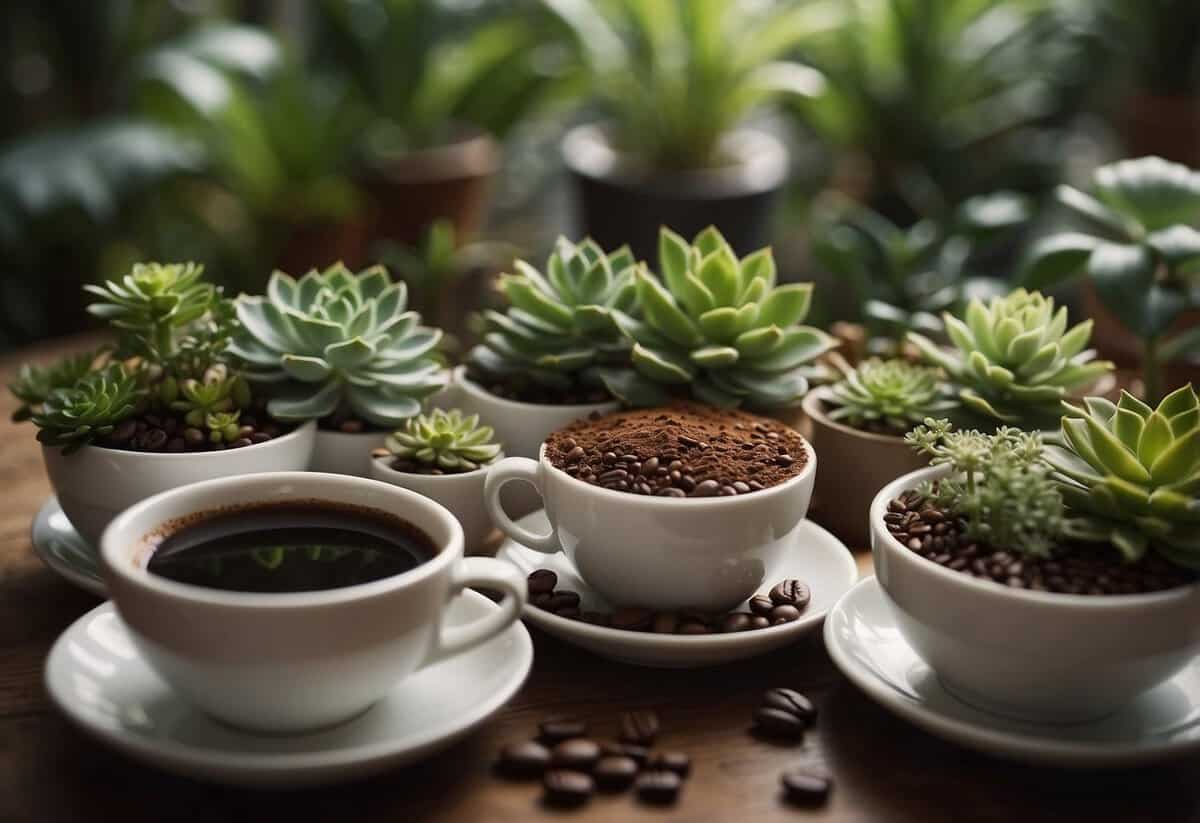 Coffee poured on various plants: ferns, succulents, and flowers. Some flourish, others wilt. Depict the different reactions to coffee