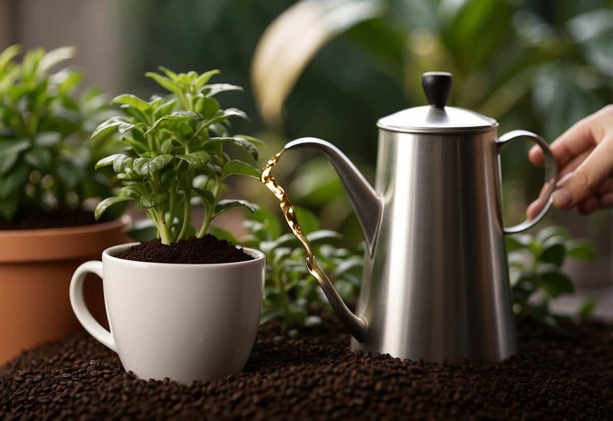 Coffee drips onto potted plants. A small amount is poured directly onto the soil. A watering can with diluted coffee is nearby