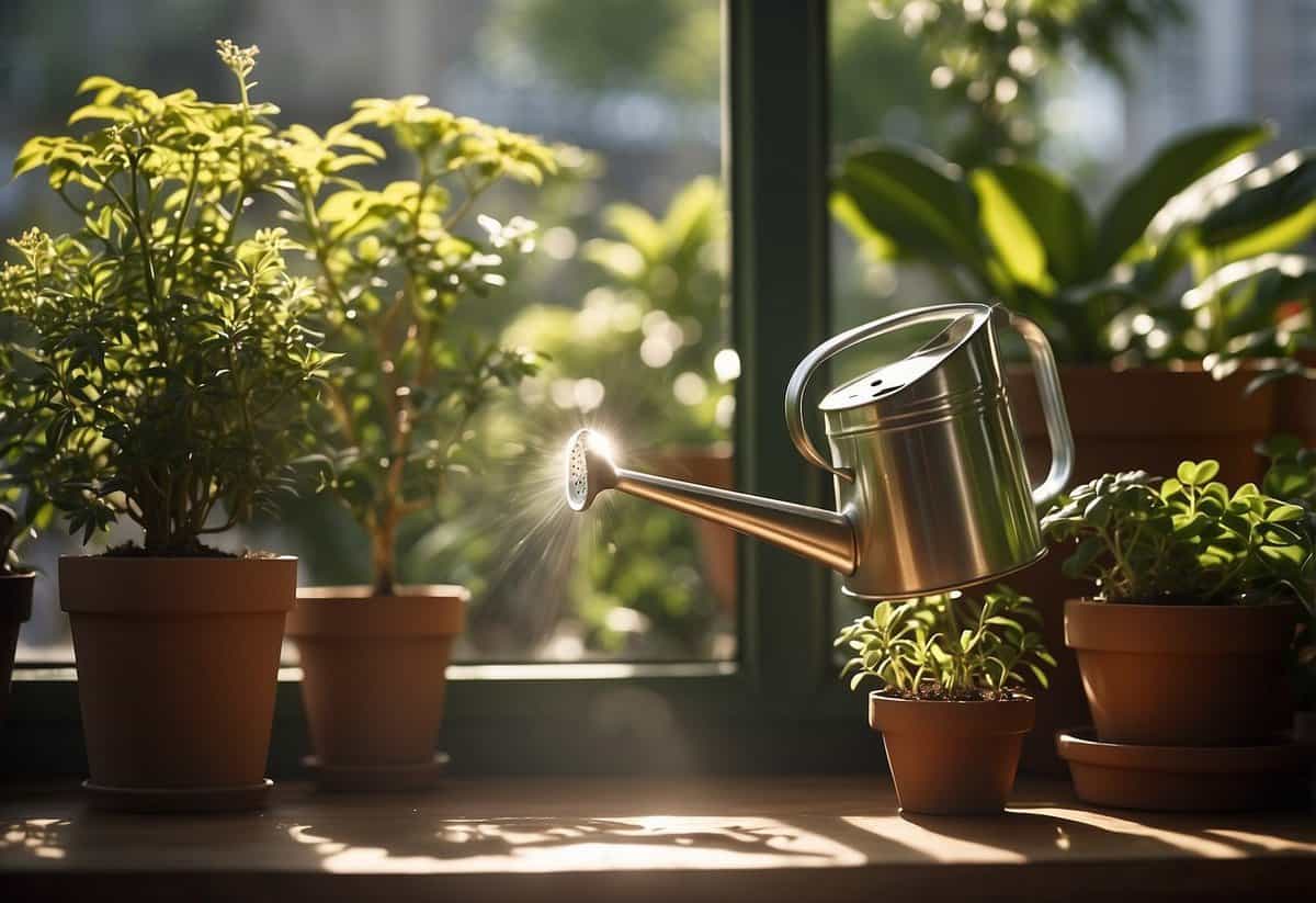 A hand reaches for a watering can, surrounded by various potted plants. Sunlight streams in through a window, illuminating the greenery