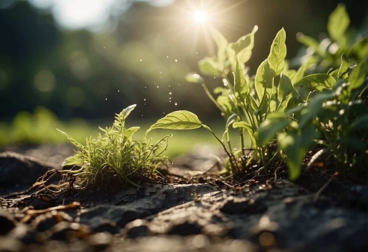 Plants bending and swaying in the wind, roots stretching and reaching for water, while leaves curling to protect themselves from harsh sunlight