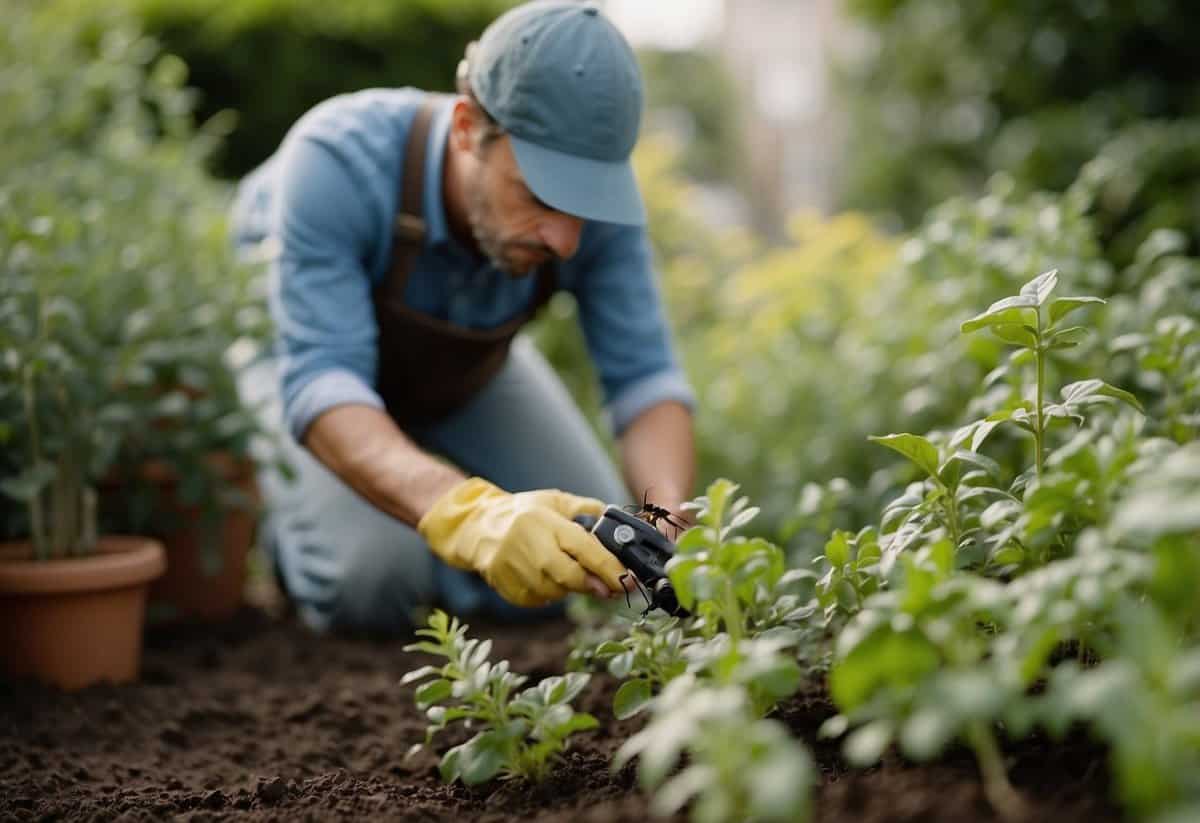 A garden overrun with pests and diseases, plants wilting and covered in spots. Frustrated gardener trying different methods to control the infestation