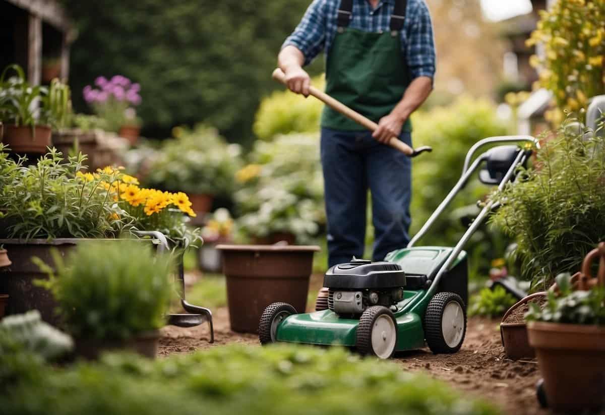 A self-employed gardener holds a shovel and stands next to a lawnmower, surrounded by various gardening tools. A sign displaying "Gardener Insurance" is visible in the background