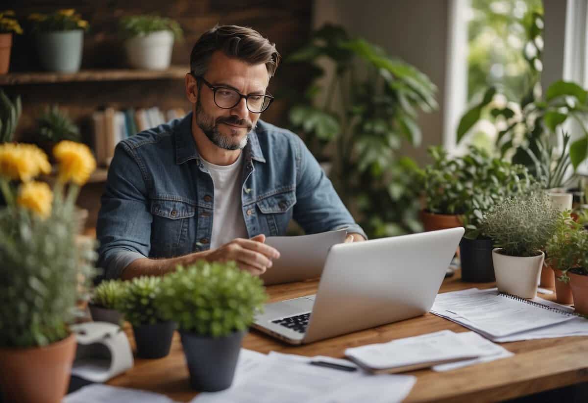 A self-employed gardener reviewing insurance options at a desk with a laptop, surrounded by gardening tools and paperwork