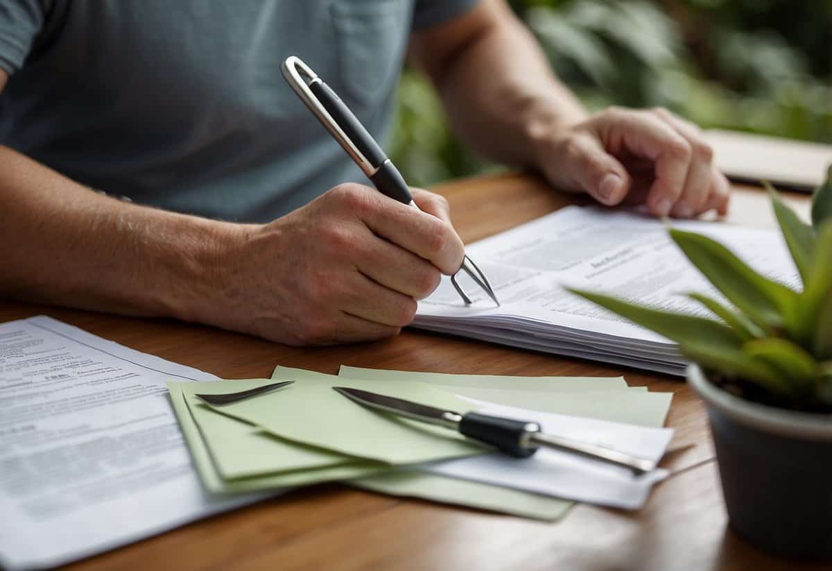 A self-employed gardener reviewing insurance policy documents at a desk with gardening tools and a laptop nearby