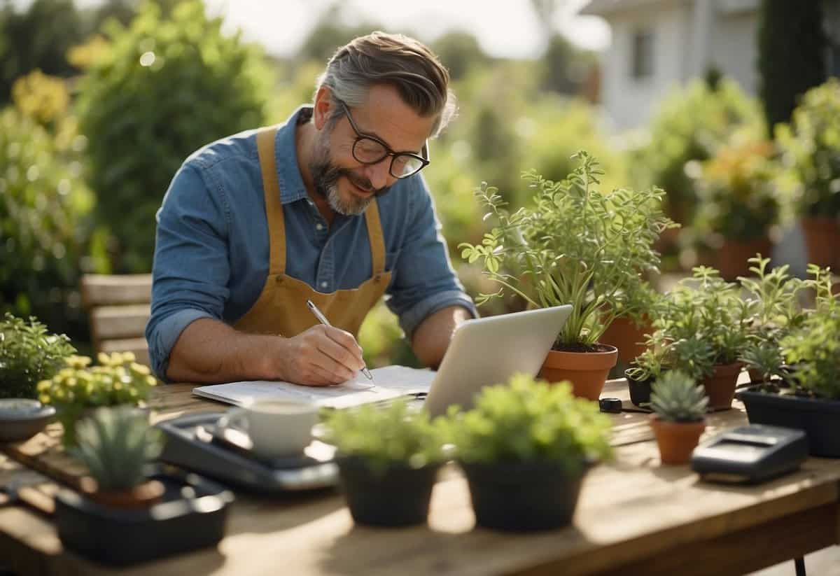 A self-employed gardener researching insurance options, comparing coverage and costs, and consulting with an insurance agent