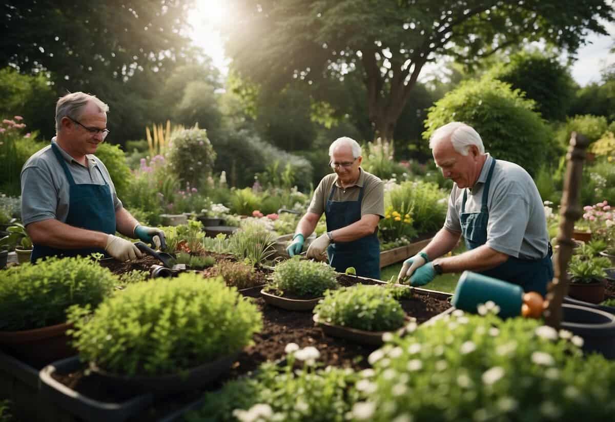 A group of gardeners, predominantly middle-aged, tend to their plants in a lush, vibrant garden setting