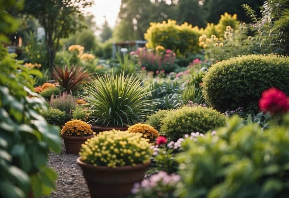 Lush garden with modern tools, vibrant plants. No humans or body parts