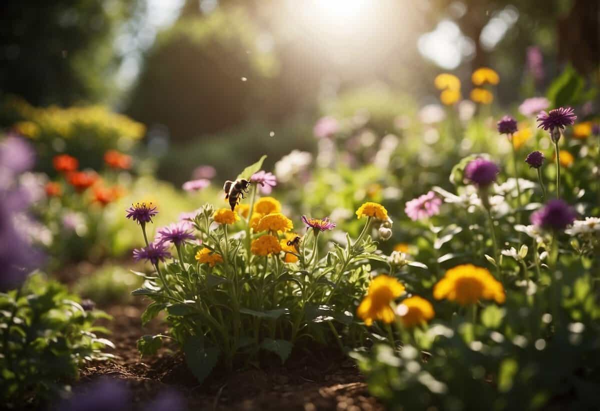 A lush garden with colorful flowers and vegetables, surrounded by chirping birds and buzzing bees. A peaceful atmosphere with fresh air and sunlight