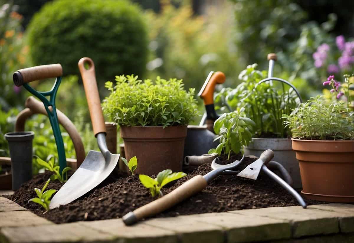 Garden tools scattered around a well-tended garden with a mix of young and mature plants, indicating a diverse age range of gardeners