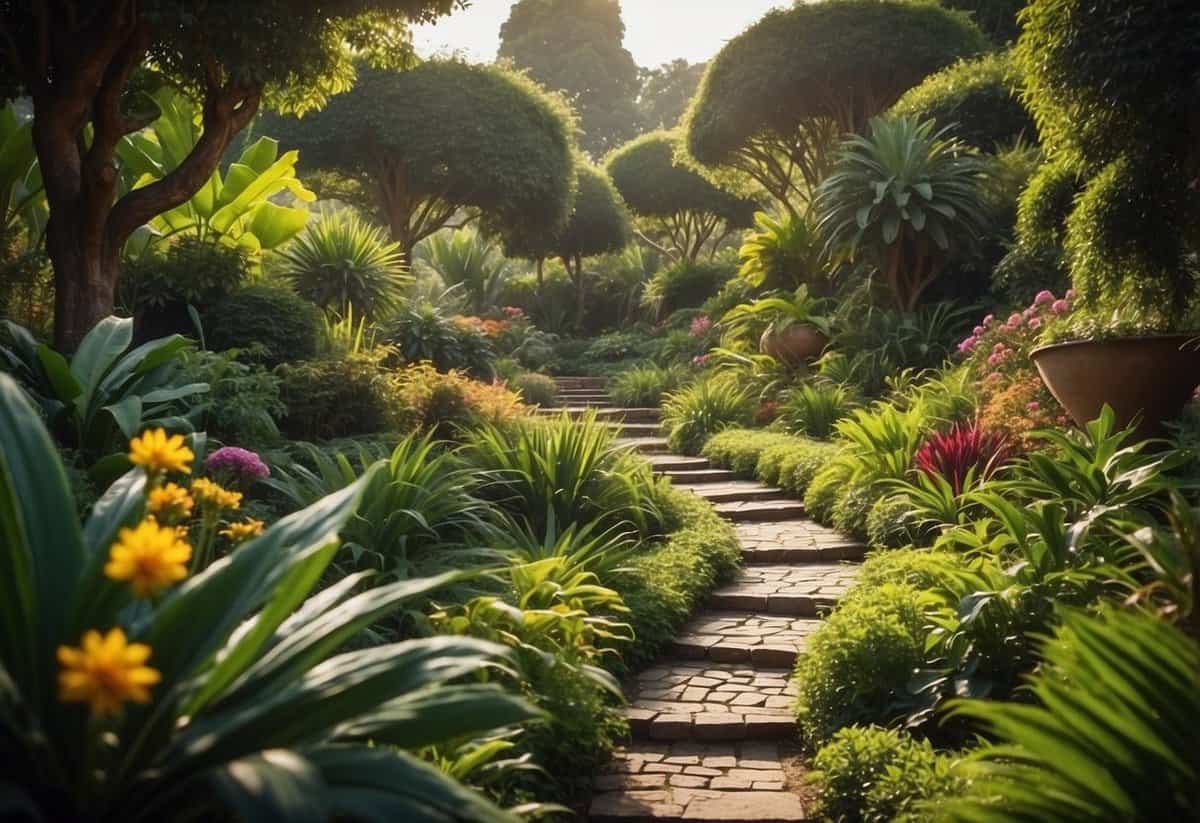 Lush greenery, vibrant flowers, and winding paths in a tranquil setting. A fusion of African and Asian flora creates a breathtaking, otherworldly garden