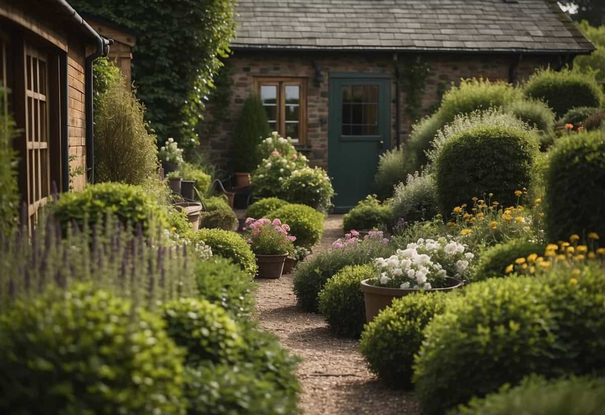 Lush garden with neatly trimmed hedges, blooming flowers, and well-maintained vegetable patches. Tools and equipment neatly organized in a shed