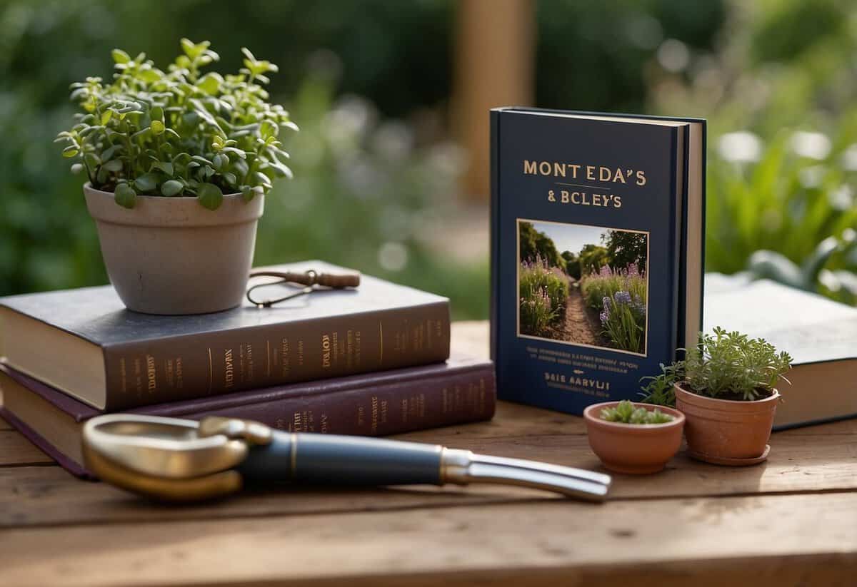 Monty Don's literary contributions are depicted through a collection of gardening books and tools on a wooden desk