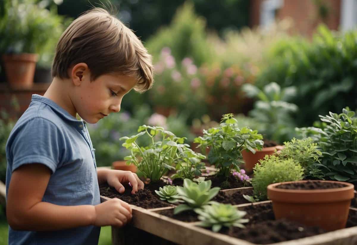 Alan Titchmarsh's childhood home with a lush garden and a young boy tending to the plants