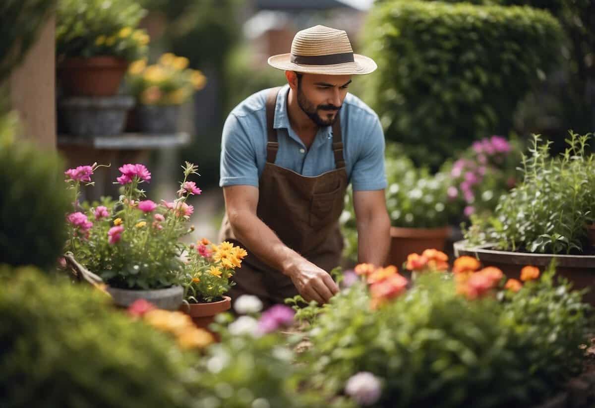 A gardener tends to vibrant flowers and lush greenery in a well-maintained garden, surrounded by gardening tools and a cozy outdoor seating area