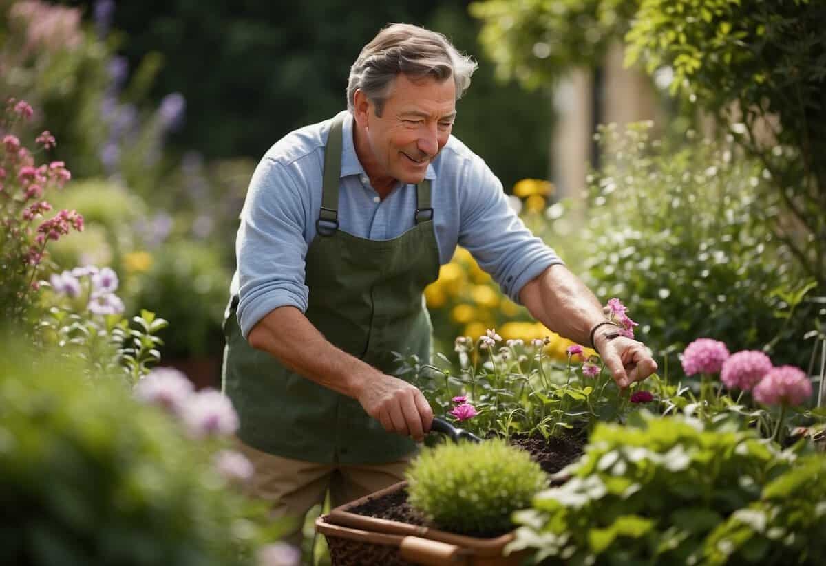 An enthusiastic gardener worked alongside Alan Titchmarsh, tending to the vibrant blooms and lush greenery in the peaceful garden