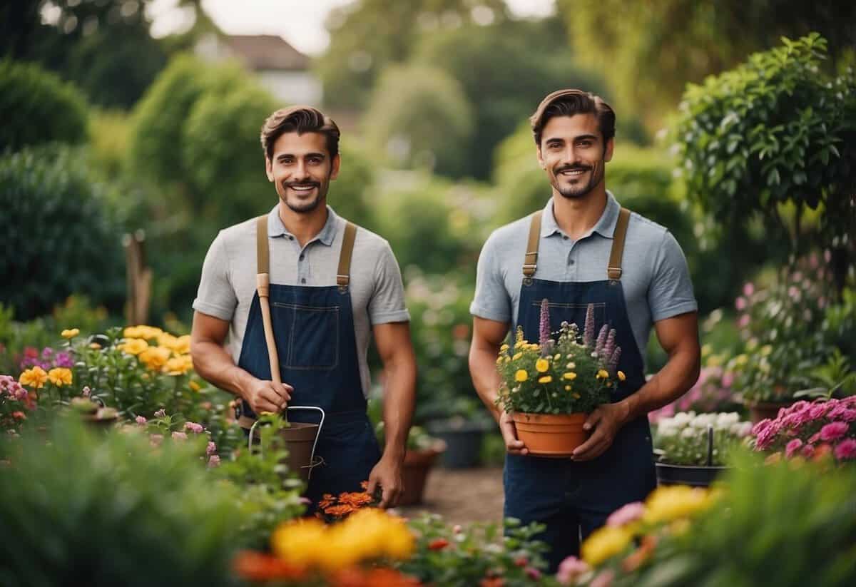 Two brothers, known as The Rich Brothers, stand side by side with gardening tools in hand, surrounded by lush greenery and colorful flowers