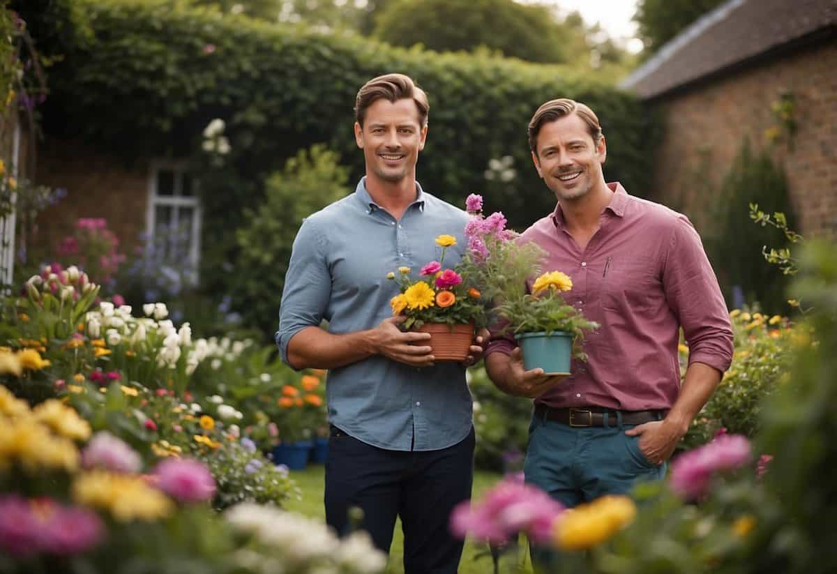 Two British gardening brothers are hosting a television show. They are surrounded by lush greenery and colorful flowers in a well-maintained garden