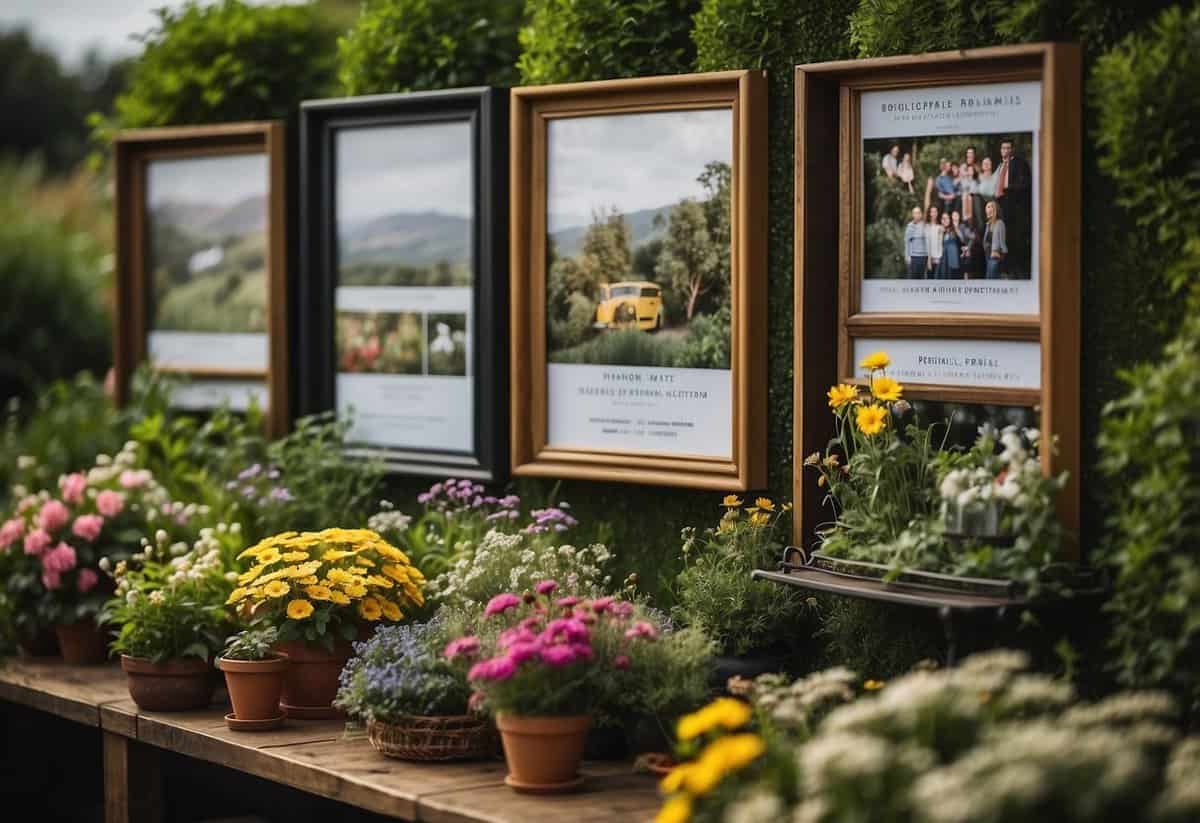 The UK gardening brothers' notable projects and achievements are displayed on a wall of accolades, surrounded by lush greenery and vibrant flowers