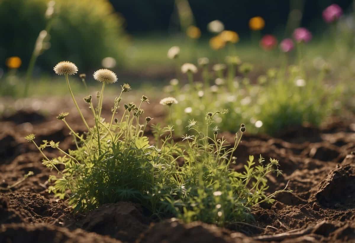 A garden plot with overgrown plants, dry soil, and wilting flowers. Weeds are taking over, and the garden looks neglected