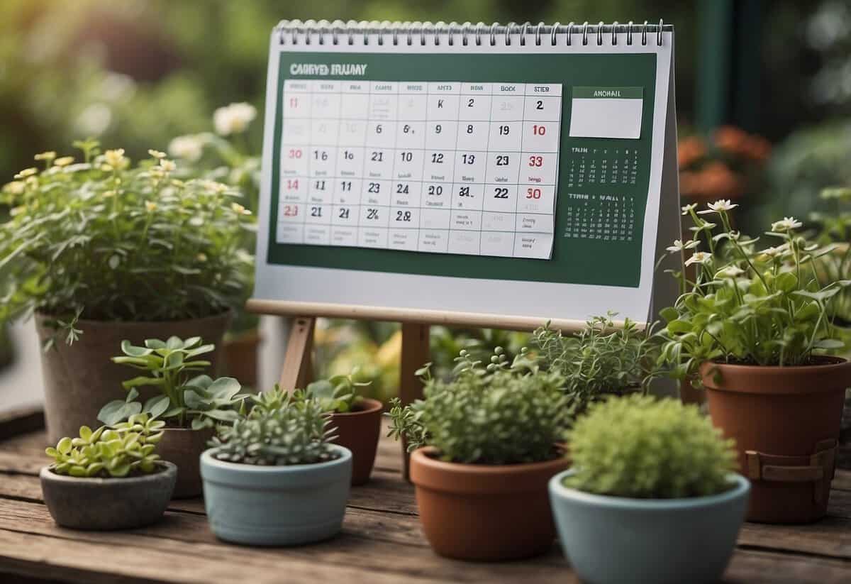 A garden calendar with labeled tasks and frequency. Tools and plants surrounding the schedule