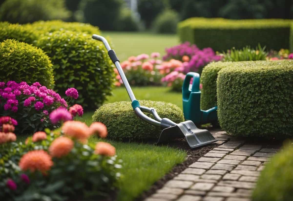 A well-maintained garden with neatly trimmed hedges, freshly mowed lawn, and colorful flowers. Gardening tools and equipment are neatly organized in a corner