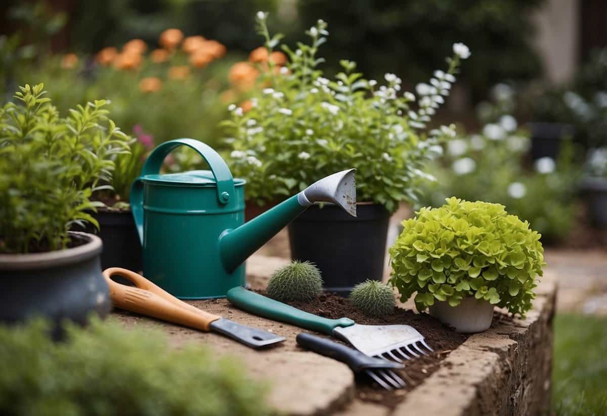 A well-maintained garden with neatly trimmed plants and a variety of gardening tools laid out, including pruners, shovels, gloves, and a watering can