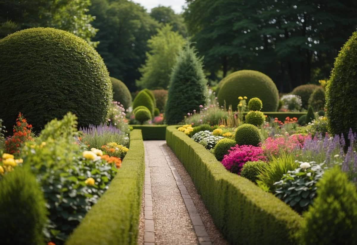 A lush garden with neatly trimmed hedges, freshly mulched flower beds, and vibrant seasonal plants in full bloom