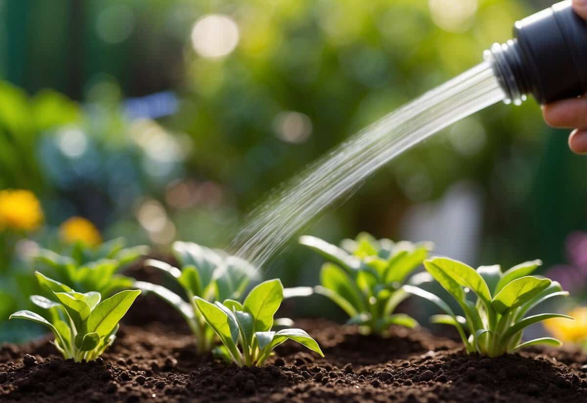 Lush garden with diverse plants, drip irrigation system in action, timer set for consistent watering, soil moisture sensors for efficient scheduling