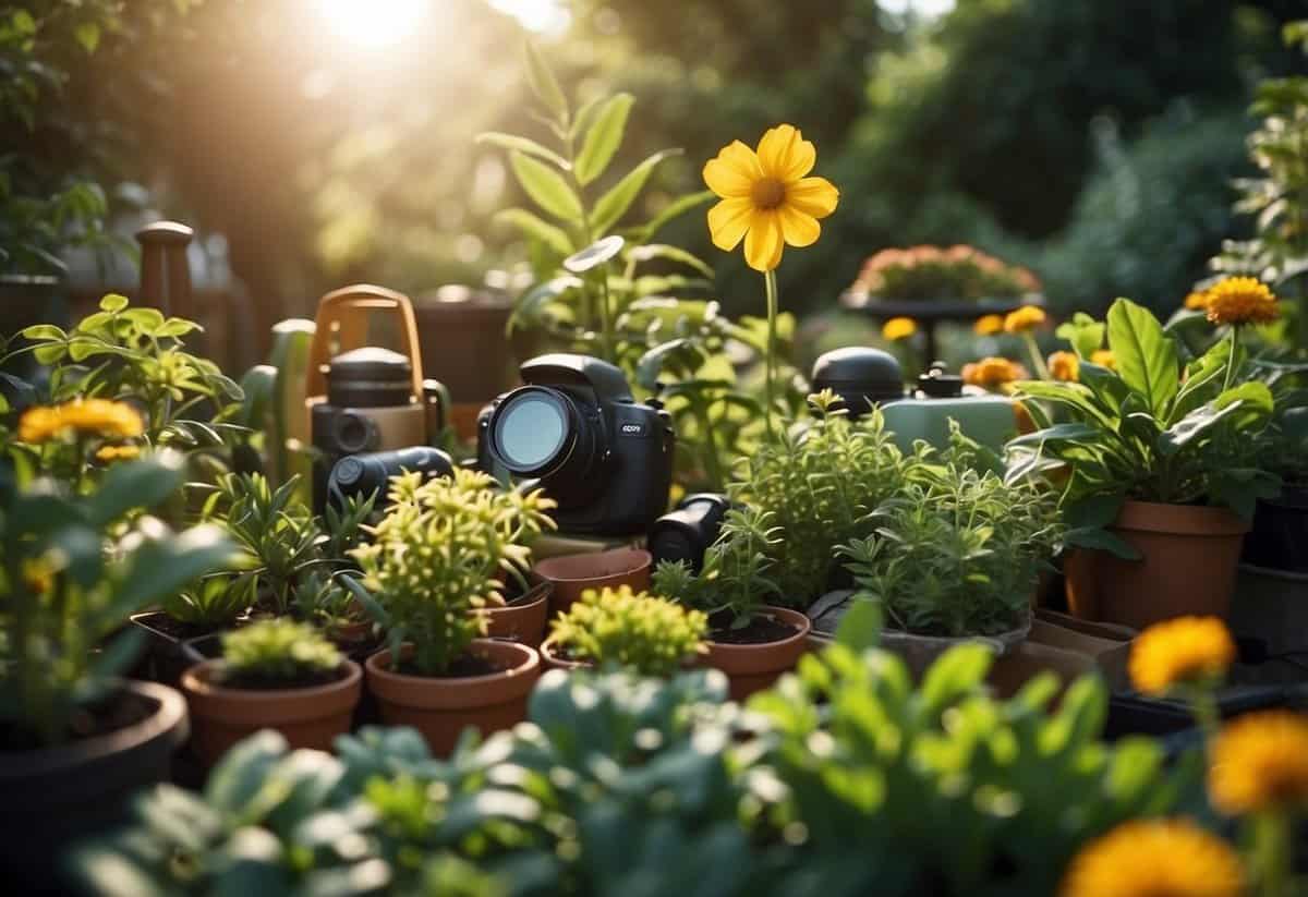 A lush garden with various plants and flowers, surrounded by monitoring equipment and tools. The sun shines down on the healthy greenery