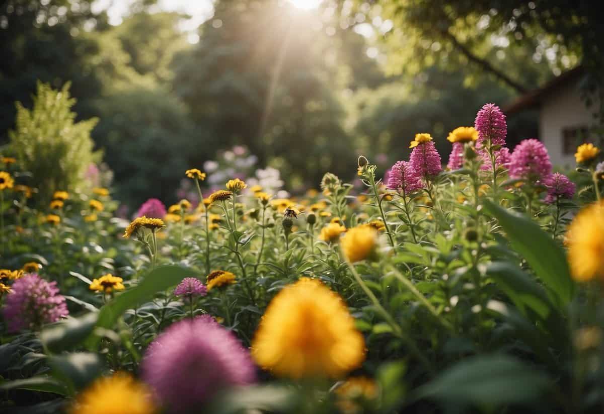 Lush greenery surrounds a vibrant garden, alive with colorful blooms and thriving vegetation. The air is filled with the sweet scent of flowers and the gentle hum of buzzing bees