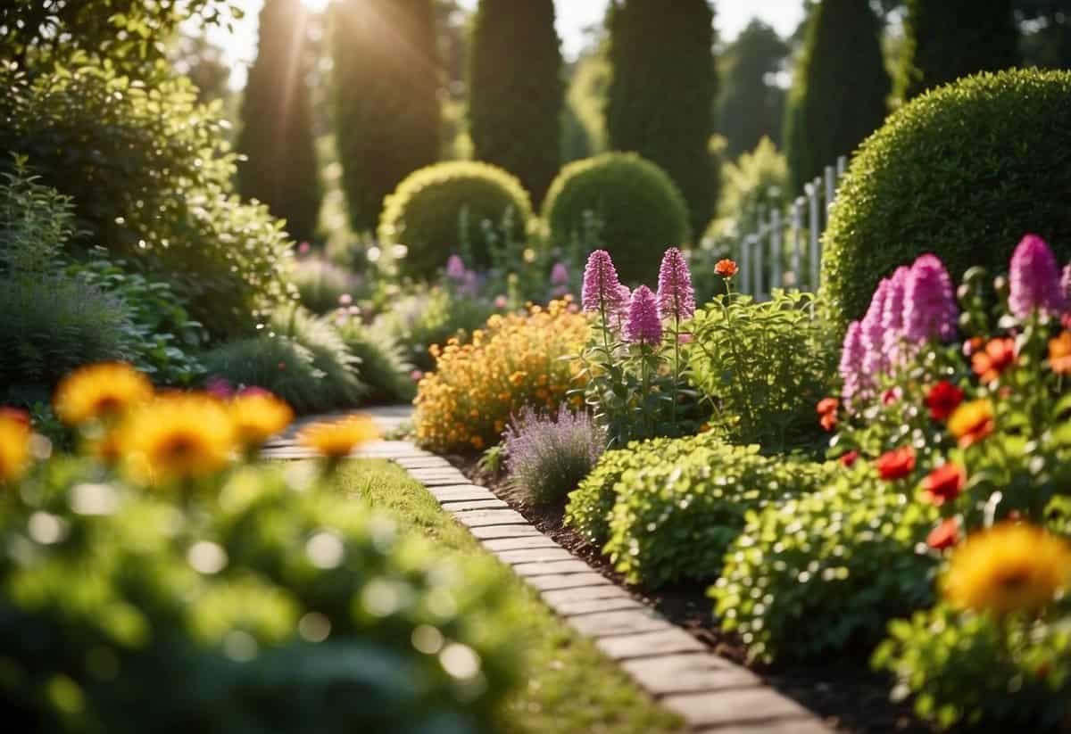 Lush garden with vibrant flowers, neatly trimmed hedges, and well-maintained vegetable beds. Sunlight filters through the greenery, highlighting the beauty of the garden