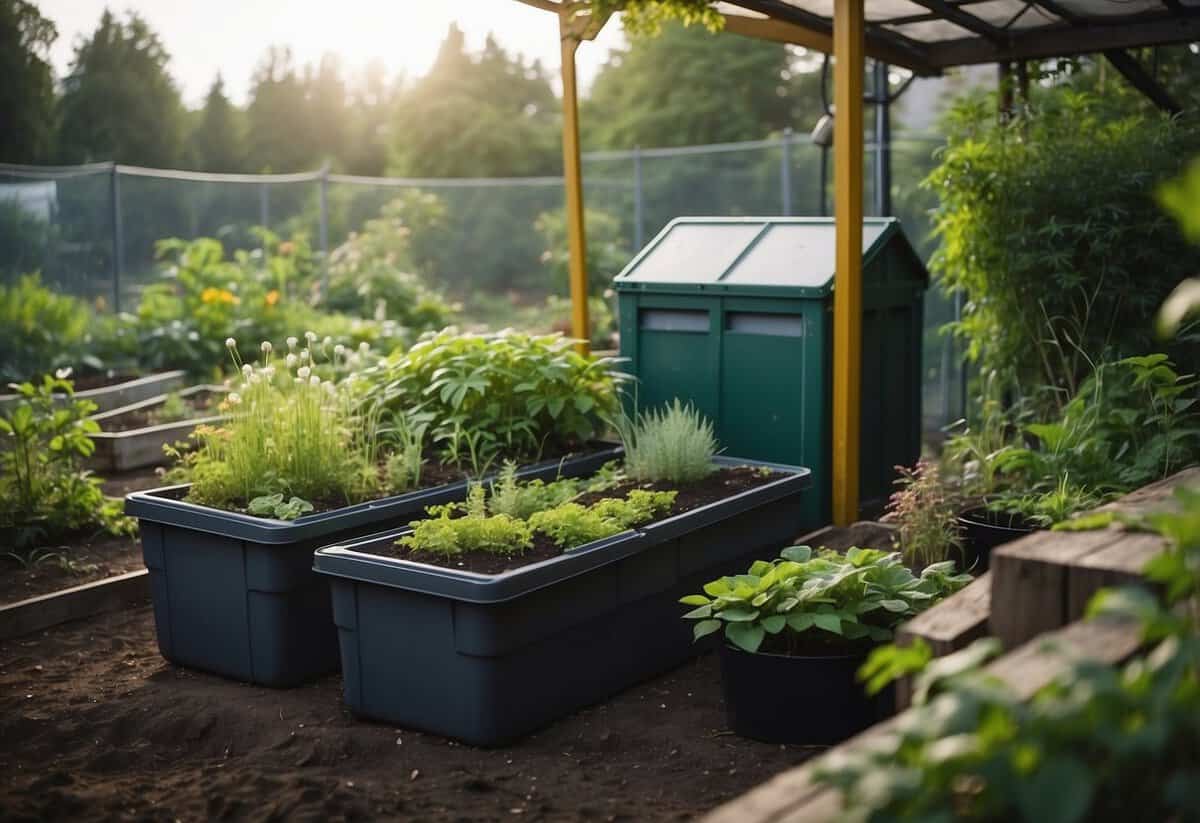 A flourishing garden with diverse plants, composting bin, and rainwater collection system, surrounded by thriving wildlife and minimal waste