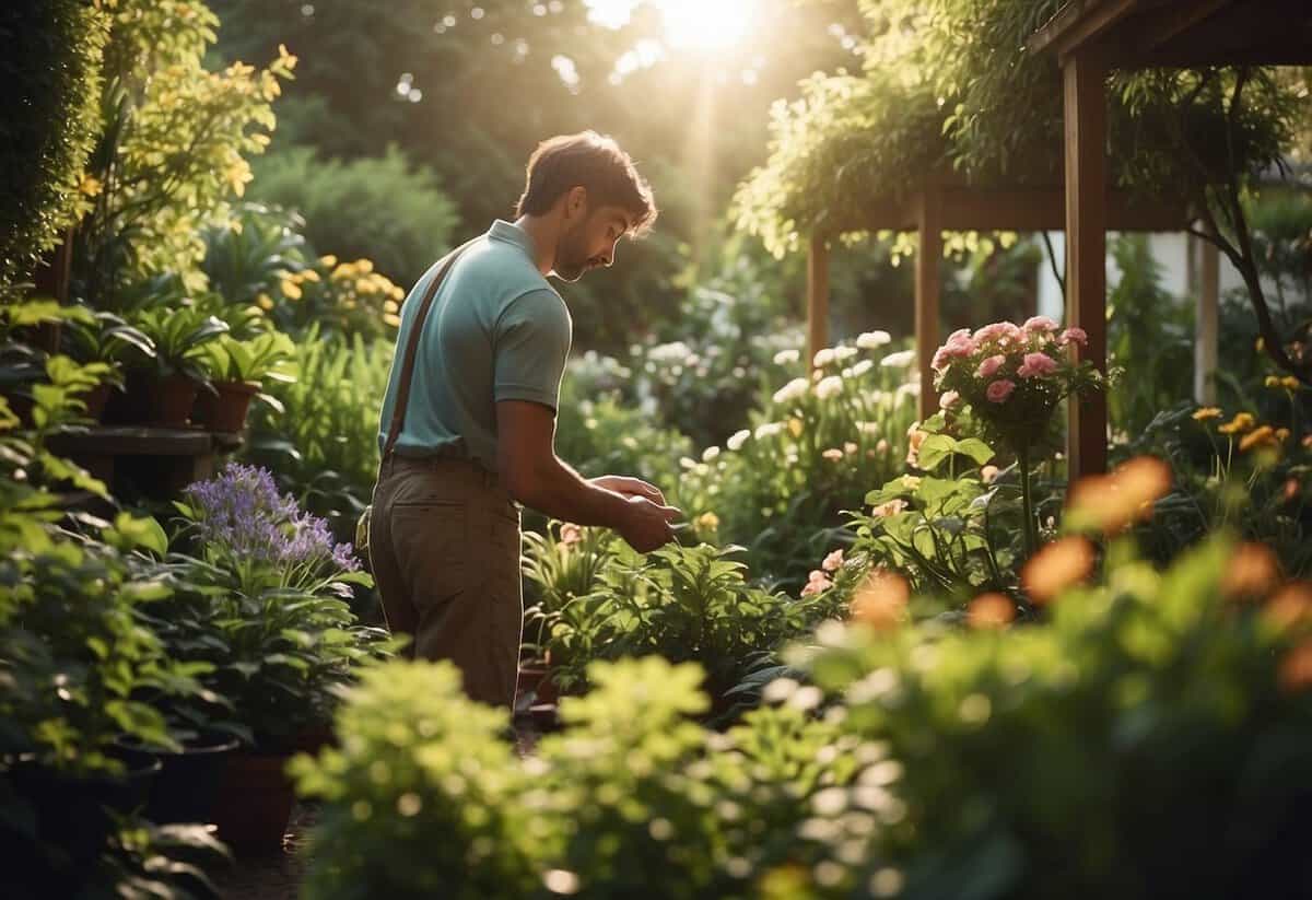 Lush garden with diverse plants and flowers thriving. Sunlight filtering through leaves, birds chirping. A gardener tending to the plants with care and attention, observing growth and nurturing life