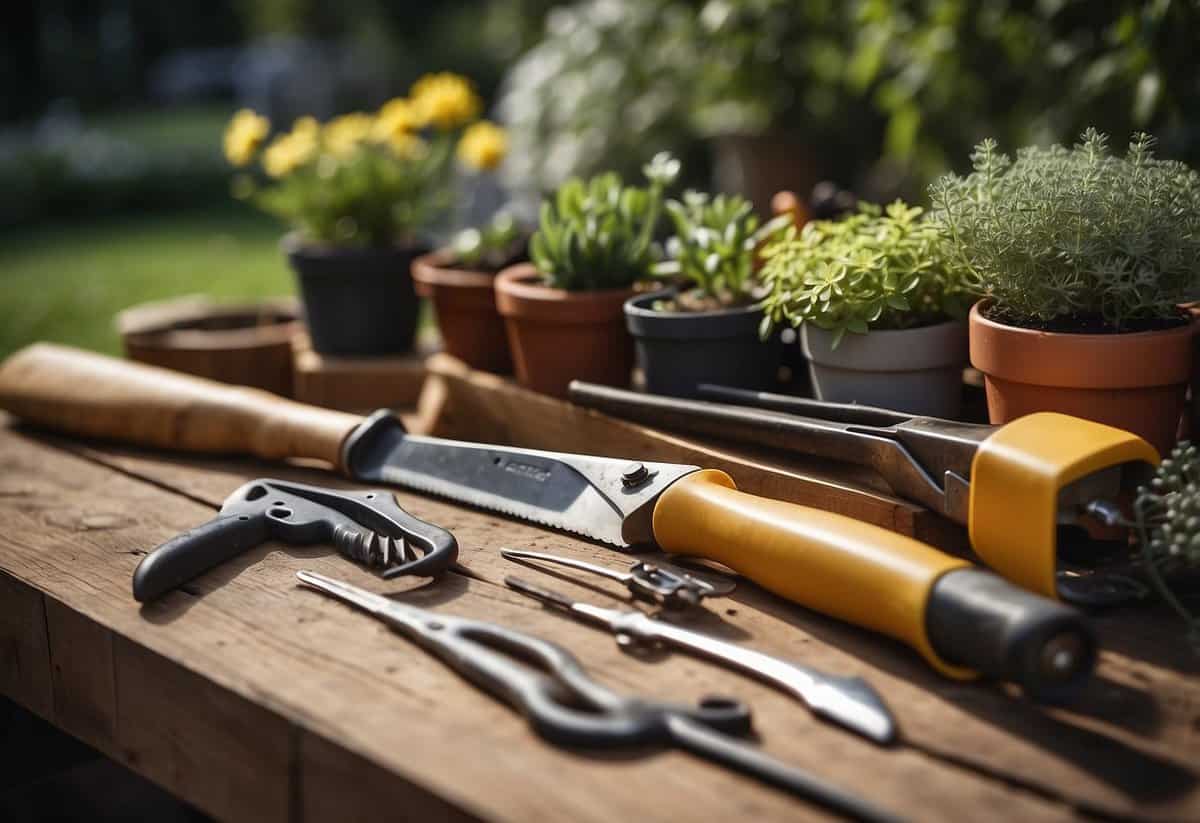 A garden with a variety of basic hand tools laid out neatly on a workbench, including a trowel, pruners, a rake, and a shovel