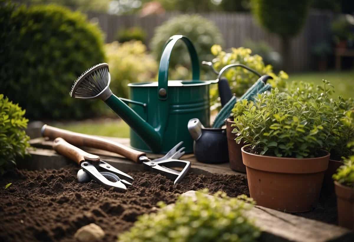 A garden with a variety of well-maintained tools, including a sturdy shovel, a sharp pair of pruning shears, a durable watering can, and a reliable garden hose