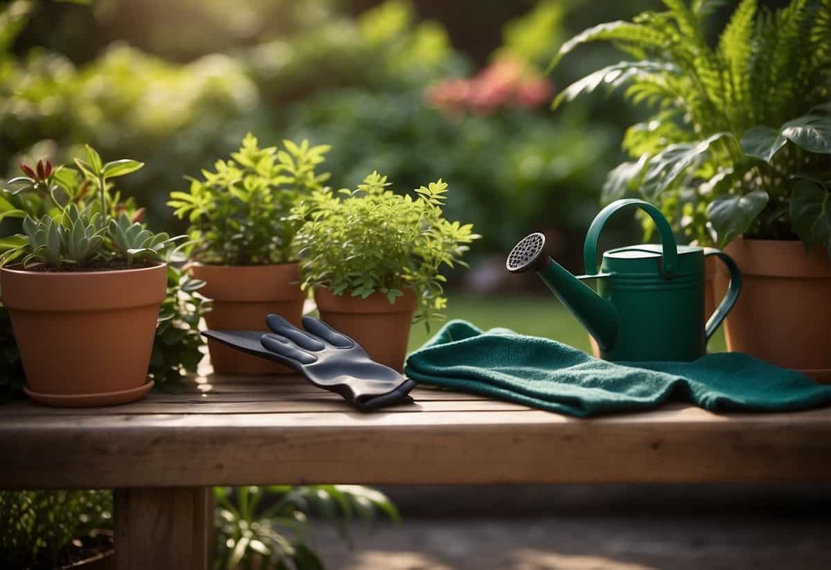 A trowel, pruners, gloves, watering can, and a kneeling pad lay on a garden bench, surrounded by potted plants and a lush green backdrop