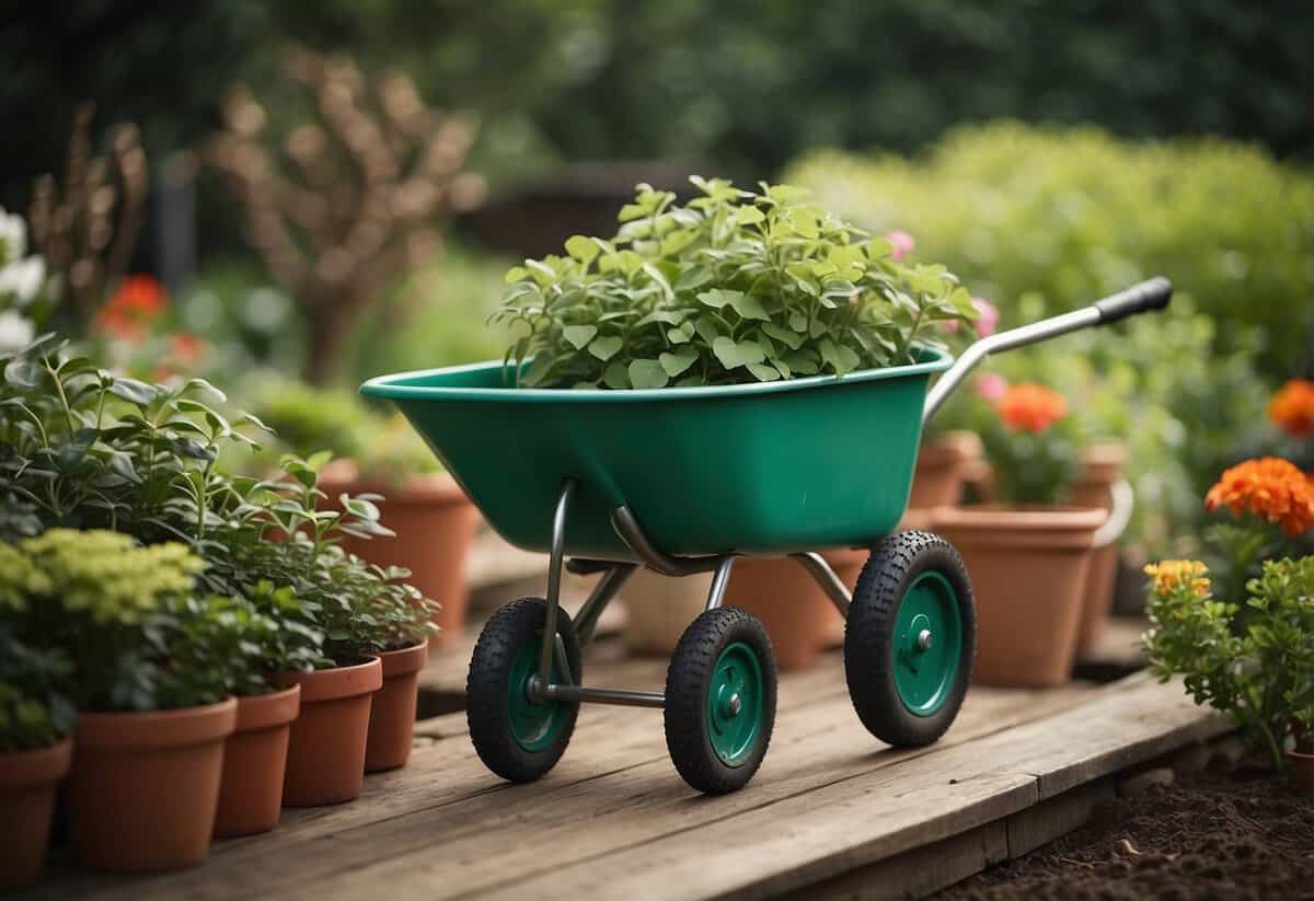 A professional gardener needs a wheelbarrow, shovel, rake, pruning shears, gloves, and a watering can for garden management and organization