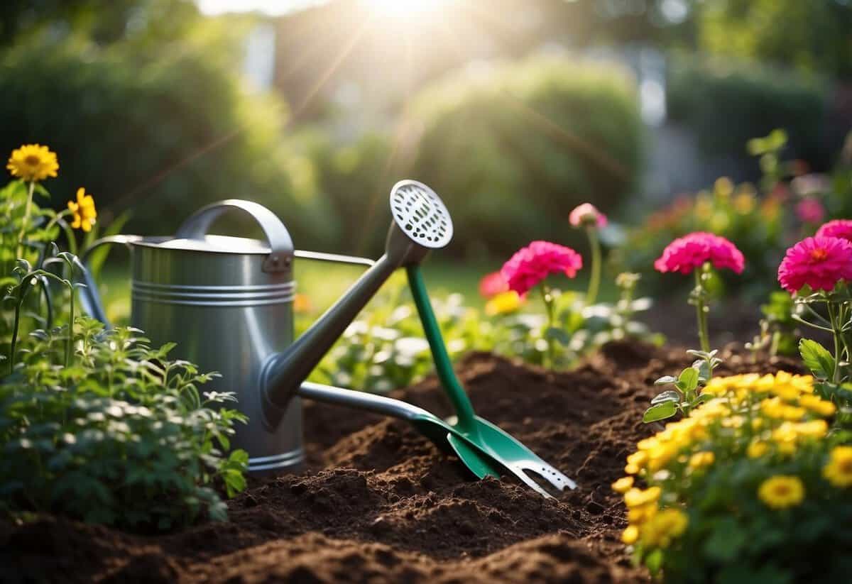 A garden plot with tools, plants, and soil. A watering can, shovel, and gloves are scattered nearby. The sun shines down on the vibrant greenery