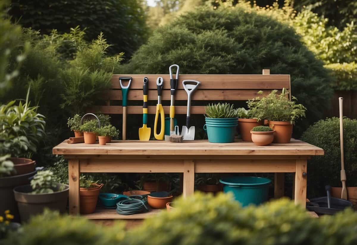 A variety of gardening tools and equipment are neatly arranged on a wooden workbench in a lush garden setting