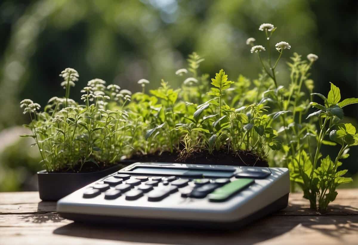 A garden with various types of weeds growing among the plants, with a price list or calculator showing different cost factors for weeding services