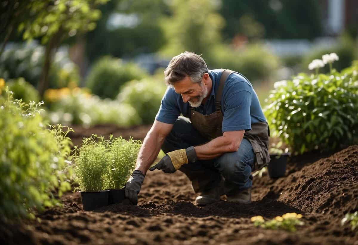 A gardener kneels in a lush garden, pulling weeds from the soil. A price list nearby displays average rates for weeding services