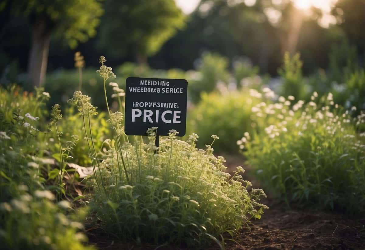 A garden with overgrown weeds and unkempt landscape, with a sign asking about weeding service prices