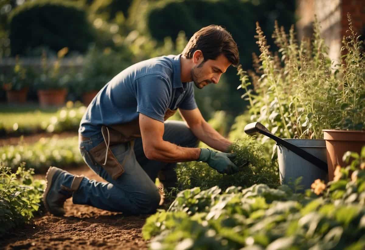 A gardener kneeling, pulling weeds from a garden bed. Tools and a bucket nearby. Sunlight filters through the foliage